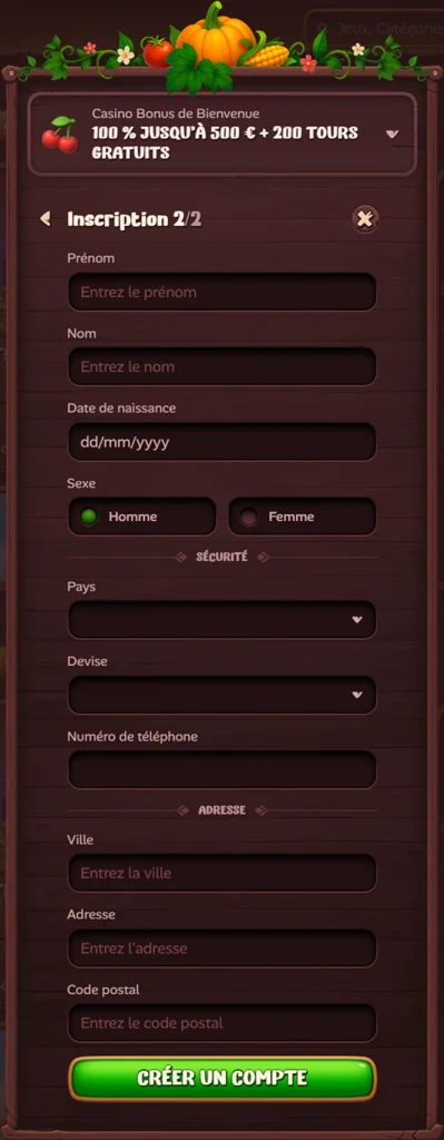 Roostino Casino inscription 2/2 : prénom, nom, naissance, sexe, pays, devise, téléphone, adresse