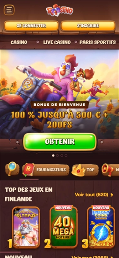 Roostino Casino bonus de bienvenue : 100% jusqu'à 500€ + 200 FS