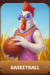 Poule basket avec lunettes et chaîne en or, tenant un ballon de basket